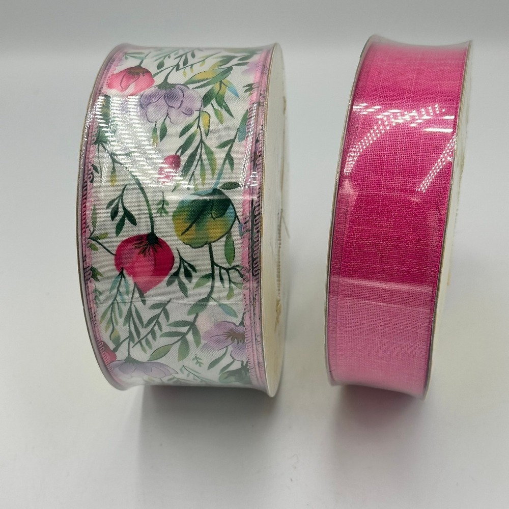 Lot of 2 Member's Mark Wired Ribbon Pink Floral & Fuchsia 2.5" & 1.5" 50 YD each